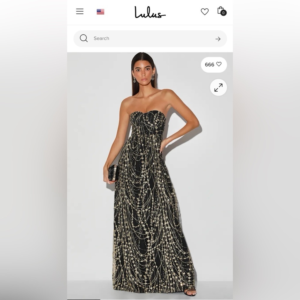 NWT Lulu's Black and Gold Sequin Maxi Dress Strapless